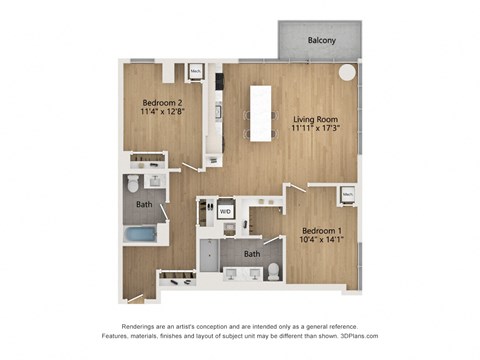 Floor plan for 2 beds, 2 baths, 1090 sqft